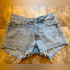 Rare Levi's 501 Palm Tree Sketch Distressed Jean Shorts Raw Hem Women’s Size 27